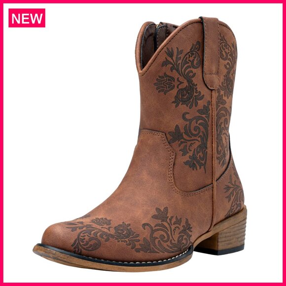 Women's Western Ankle Boots Square Toe Low Heel Zipper Comfortable